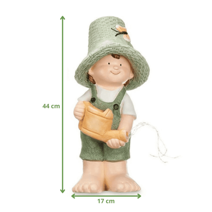 Statue solaire de jardin garçon en résine, hauteur 44 cm, largeur 17 cm, avec arrosoir lumineux à LED blanc chaud