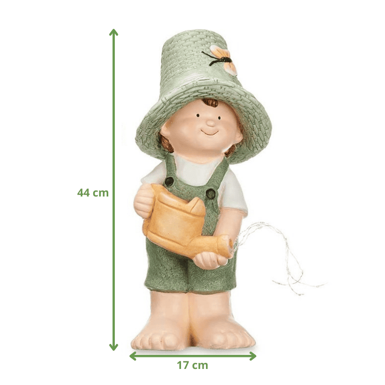 Statue solaire de jardin garçon en résine, hauteur 44 cm, largeur 17 cm, avec arrosoir lumineux à LED blanc chaud