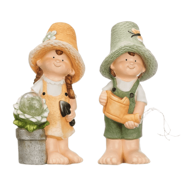 Statues solaires de jardin décoratives garçon et fille en résine, hauteur 44 cm, avec arrosoir lumineux et globe LED blanc chaud