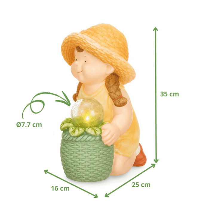 Statue solaire de jardin fille en résine avec globe lumineux LED blanc chaud, dimensions 35 cm de hauteur, 25 cm de largeur et 16 cm de profondeur