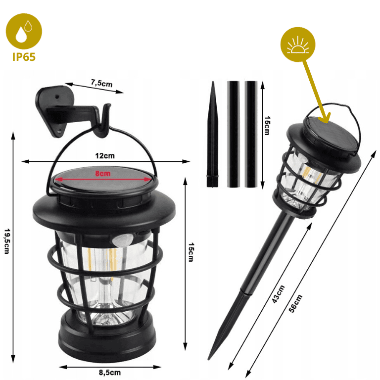 Lampe solaire détecteur de mouvement USB-C extérieur IP65, lanterne LED 3-en-1 avec crochets muraux et piquet de sol, schéma des dimensions 19,5 cm x 12 cm x 8,5 cm et hauteur totale 56 cm