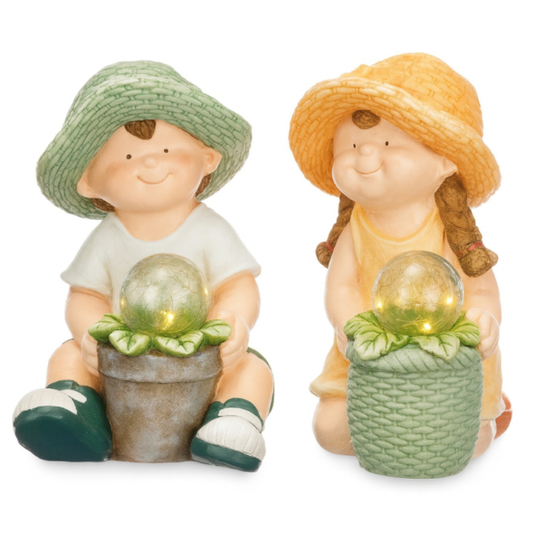 Statues solaires de jardin garçon et fille assis, en résine décorative, avec globe lumineux LED blanc chaud