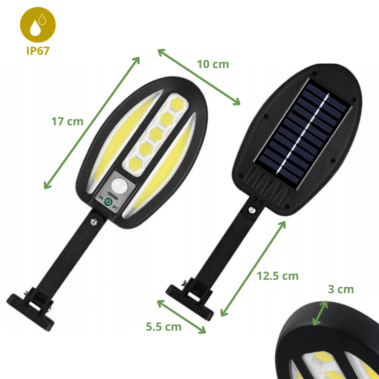 Projecteur solaire LED COB extérieur IP67 avec détecteur de mouvement, dimensions 17 × 10 cm, bras 12,5 cm, base 5,5 cm, épaisseur 3 cm
