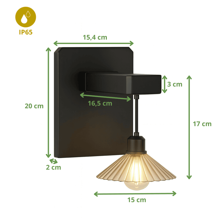 Applique murale solaire noire IP65 avec abat-jour plissé et ampoule LED chaude, dimensions 20 x 15,4 x 16,5 cm