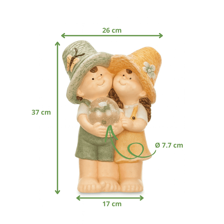 Couple de figurines solaires en polyrésine avec boule en verre craquelée lumineuse, dimensions 37 cm hauteur, 26 cm largeur, 17 cm base, boule Ø 7,7 cm