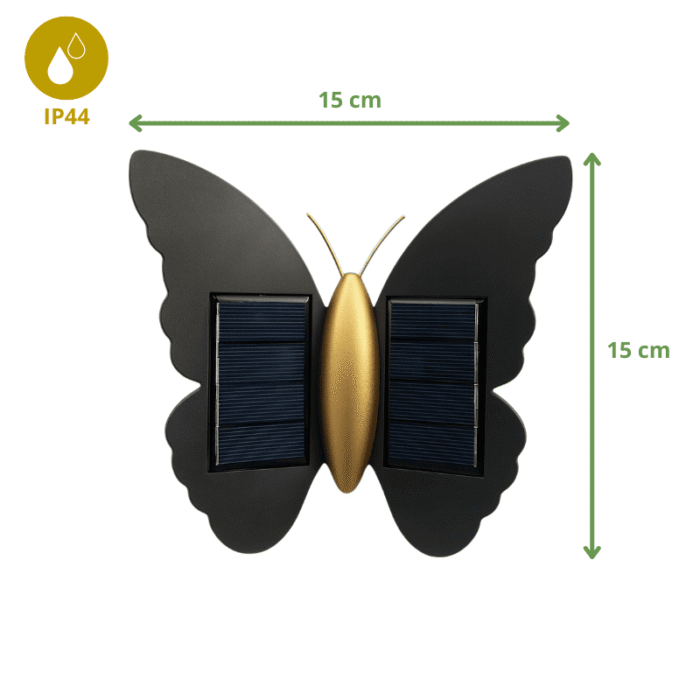 Applique murale solaire papillon noir et or, dimensions 15x15 cm, étanchéité IP44
