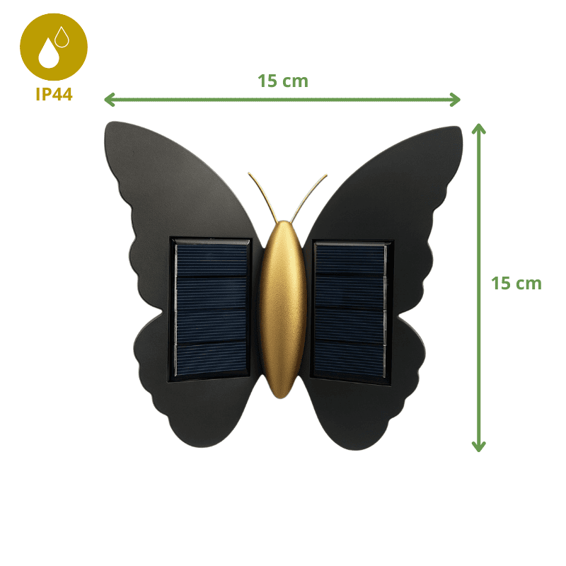 Applique murale solaire papillon noir et or, dimensions 15x15 cm, étanchéité IP44