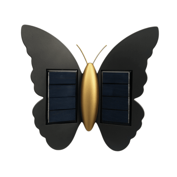 Applique murale solaire en forme de papillon noir et or avec panneaux solaires intégrés
