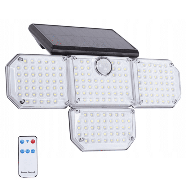 Projecteur solaire puissant LED extérieure avec détecteur de mouvement, télécommande et panneau photovoltaïque intégré, 4 panneaux orientables IP65
