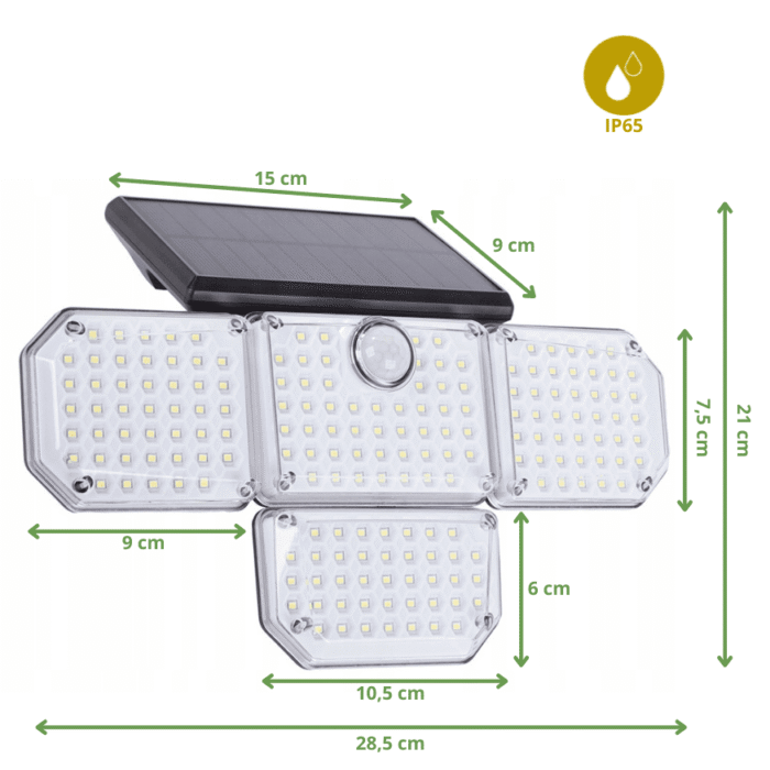 "Lampe solaire LED puissante avec détecteur de mouvement et télécommande, vue technique avec mesures précises"