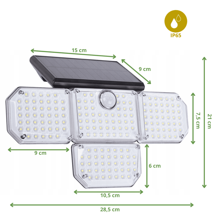 "Lampe solaire LED puissante avec détecteur de mouvement et télécommande, vue technique avec mesures précises"