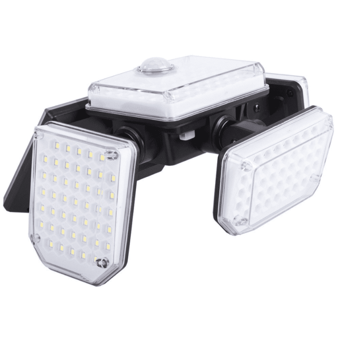 "Lampe solaire puissante avec capteur infrarouge, vue rapprochée du projecteur LED multipanneaux orientables"