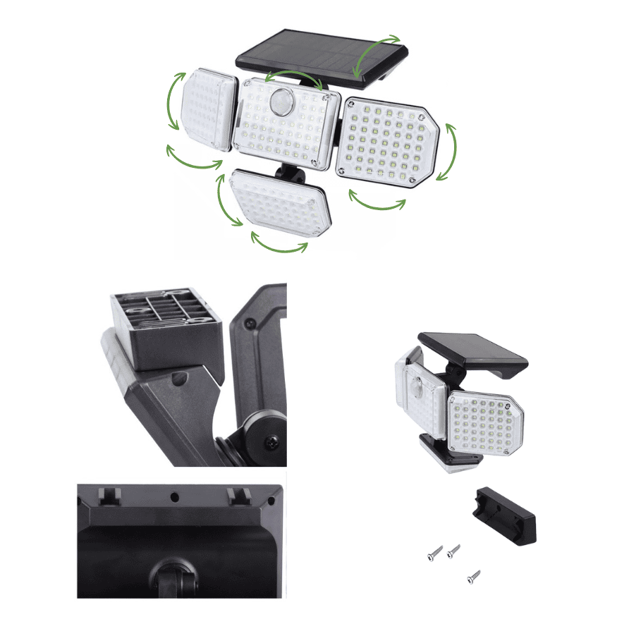 "Projecteur solaire LED extérieur puissant avec détecteur de mouvement, panneaux orientables à 360 degrés, détails techniques et accessoires de fixation"