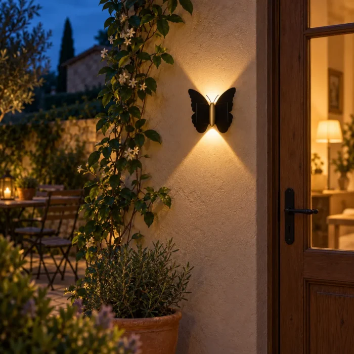 Petite applique solaire papillon noire éclairant un mur extérieur à la nuit tombée