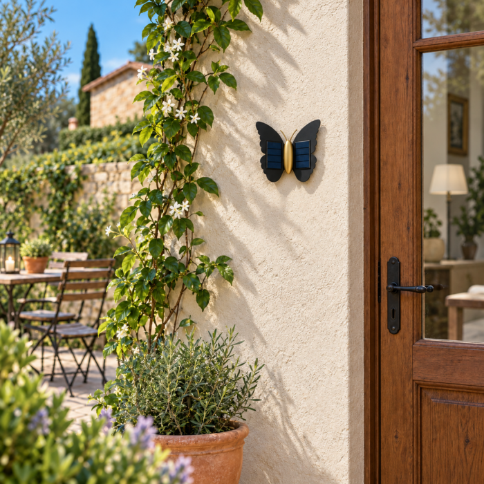 Applique solaire papillon noire de 15 cm installée sur un mur extérieur en journée