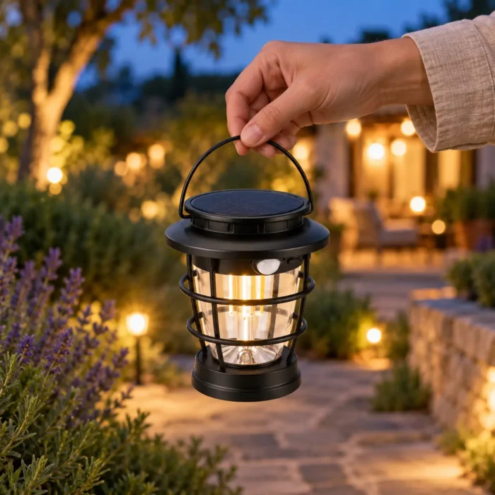 Petite lampe solaire nomade portée à la main par sa hanse