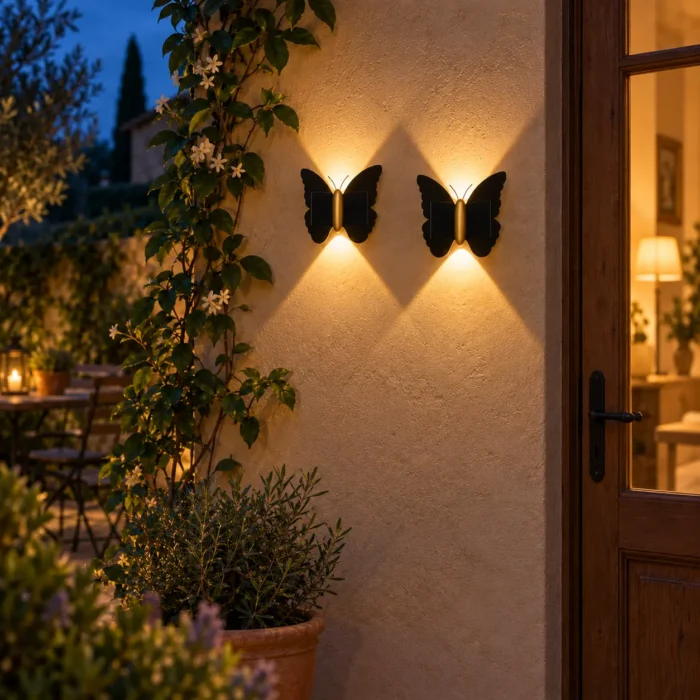 Deux appliques solaires papillon diffusant une lumière chaude sur un mur extérieur