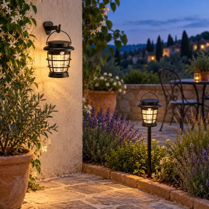 Lampe solaire 3-en-1 utilisée en applique murale et sur piquet dans un jardin