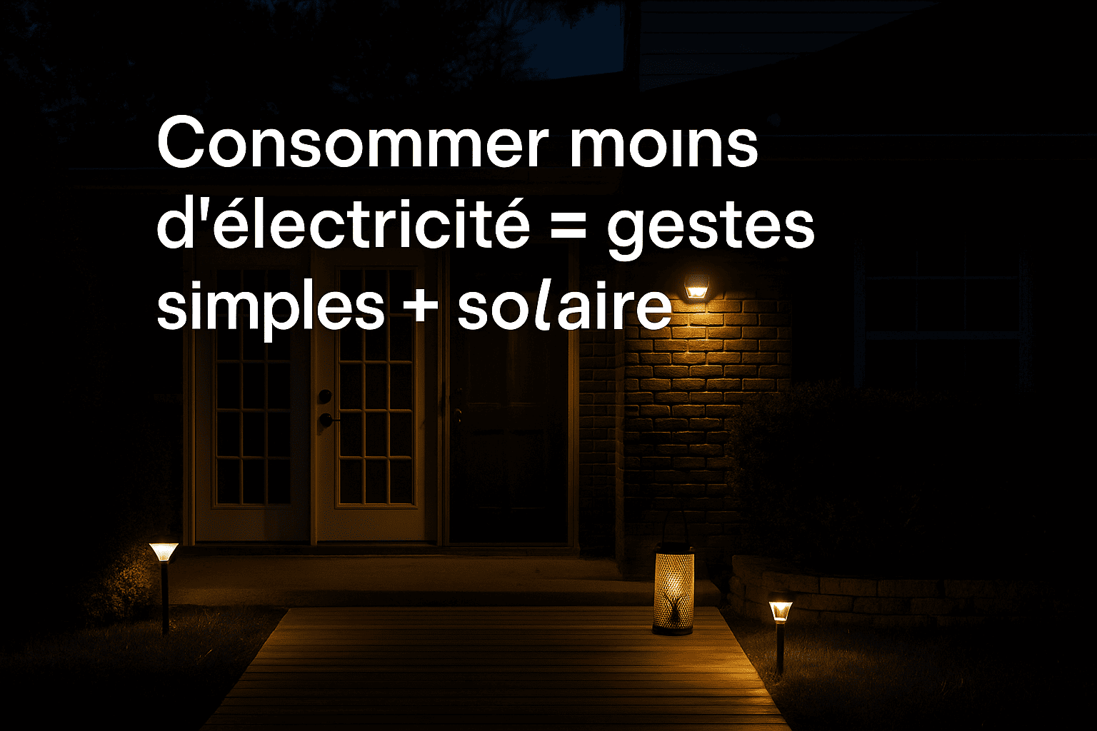 Maison éclairée par des lampes solaires avec le texte "Consommer moins d’électricité = gestes simples + solaire