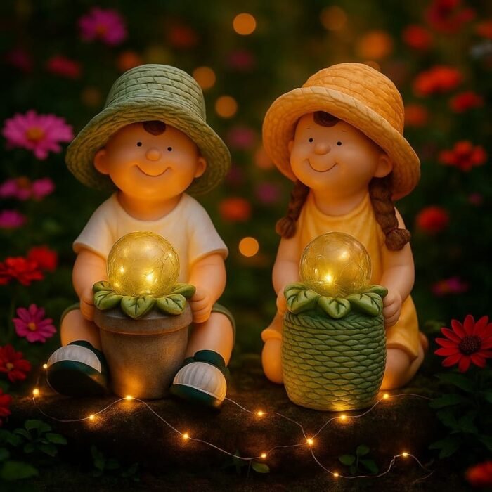 Statues solaires de jardin garçon et fille assis, éclairage LED blanc chaud dans un décor féérique fleuri