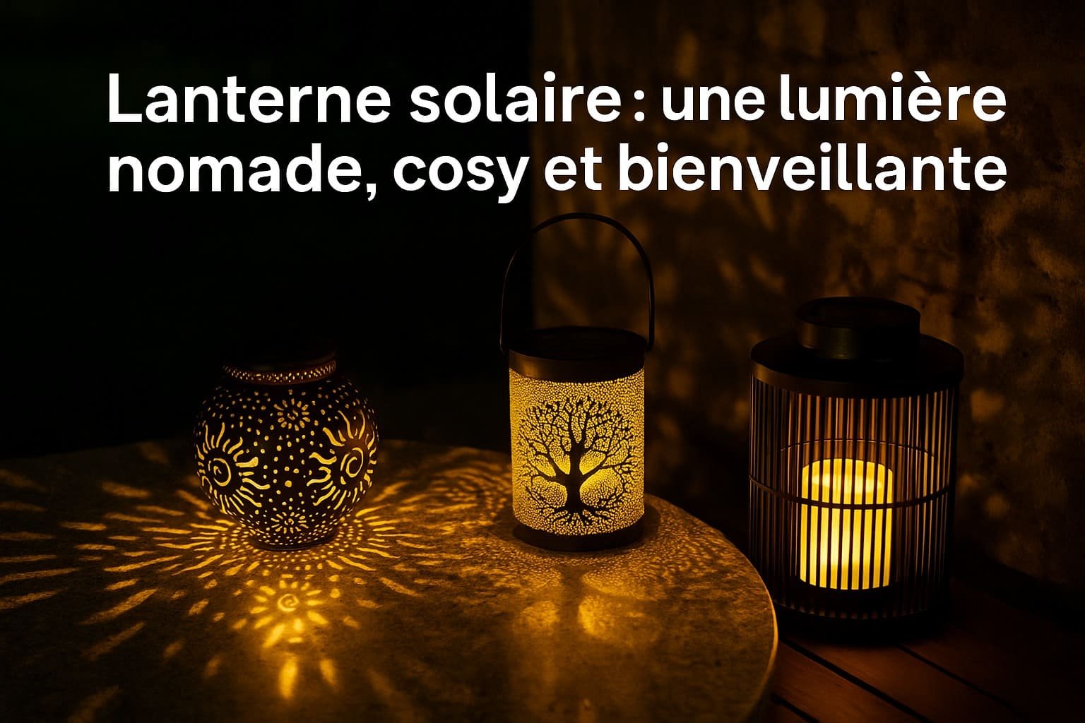 Lanterne solaire décorative projetant des motifs lumineux et effet flamme, idéale pour une ambiance cosy et nomade