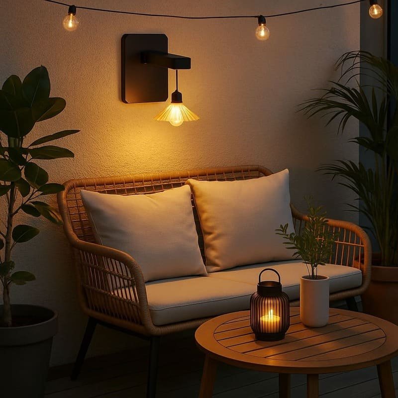 Applique murale solaire noire avec abat-jour plissé diffusant une lumière LED chaude sur une terrasse cosy avec canapé en rotin, plantes et lanterne décorative