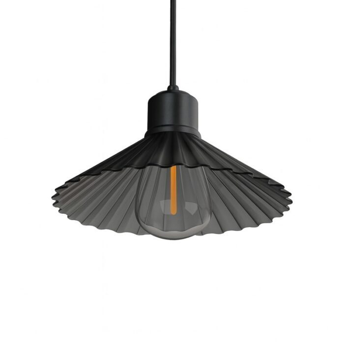 Suspension luminaire moderne noire avec abat-jour plissé en verre et ampoule LED décorative