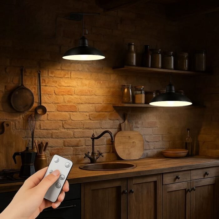 Lampe solaire suspendue LED avec télécommande, installée dans une cuisine rustique en briques avec plan de travail en bois