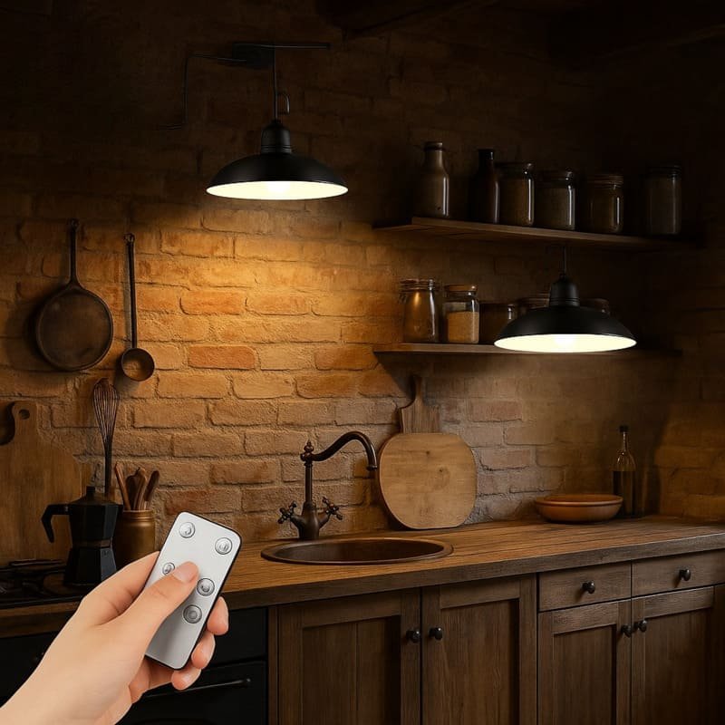 Lampe solaire suspendue LED avec télécommande, installée dans une cuisine rustique en briques avec plan de travail en bois