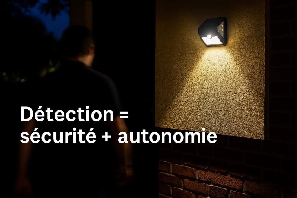 Entrée de maison, une silhouette. Une lampe solaire avec détecteur qui s’allume.