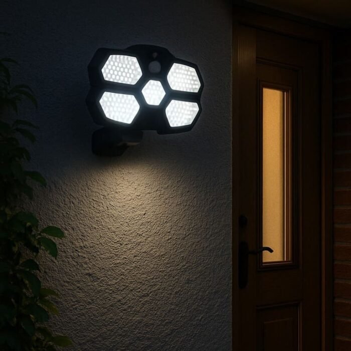 Projecteur solaire extérieur fixé au mur près d’une porte d’entrée, détecteur de mouvement, éclairage LED blanc, de nuit