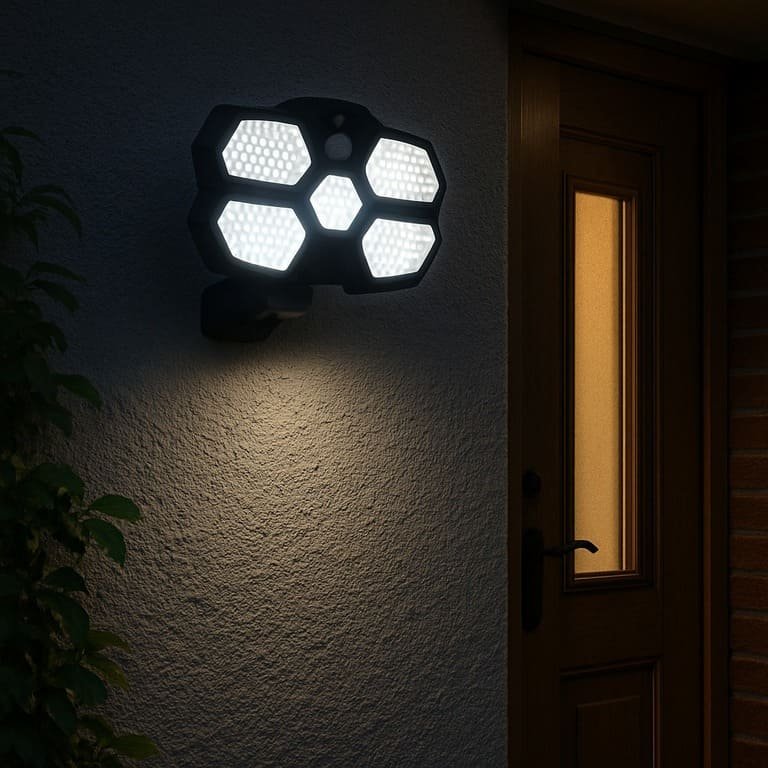 Projecteur solaire extérieur fixé au mur près d’une porte d’entrée, détecteur de mouvement, éclairage LED blanc, de nuit