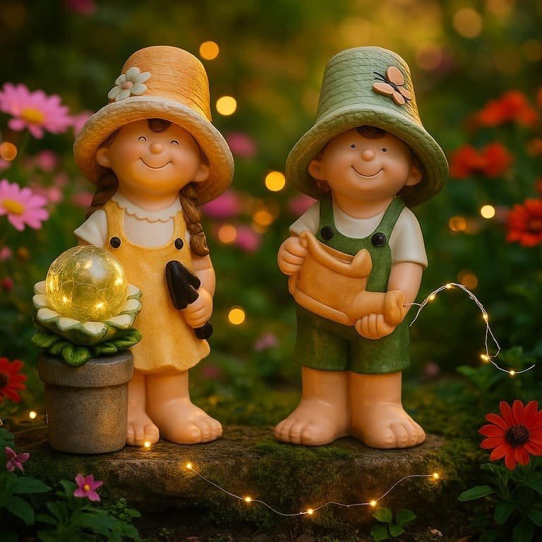 Statues solaires de jardin garçon et fille en résine, éclairage LED blanc chaud, ambiance féérique au milieu des fleurs colorées