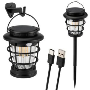 Lampe solaire détecteur de mouvement USB-C 3-en-1, lanterne LED extérieur à accrocher au mur, à piquer dans le sol ou utiliser en portatif.