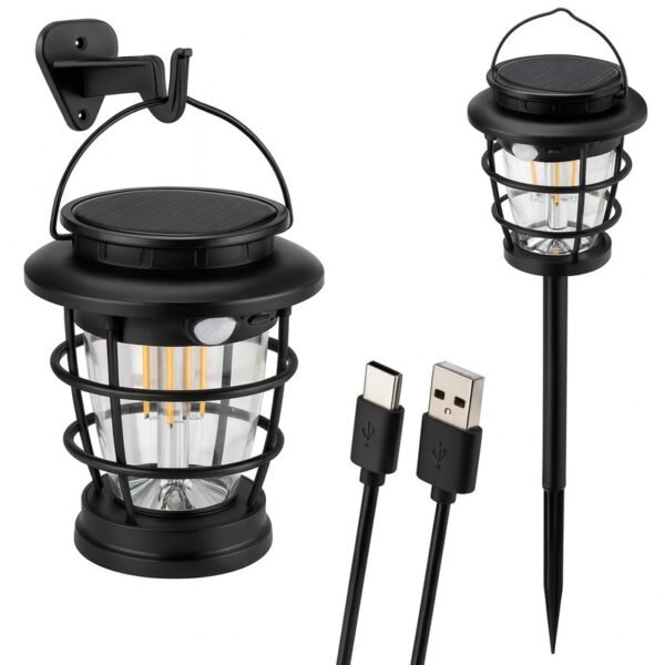 Lampe solaire détecteur de mouvement USB-C 3-en-1, lanterne LED extérieur à accrocher au mur, à piquer dans le sol ou utiliser en portatif.