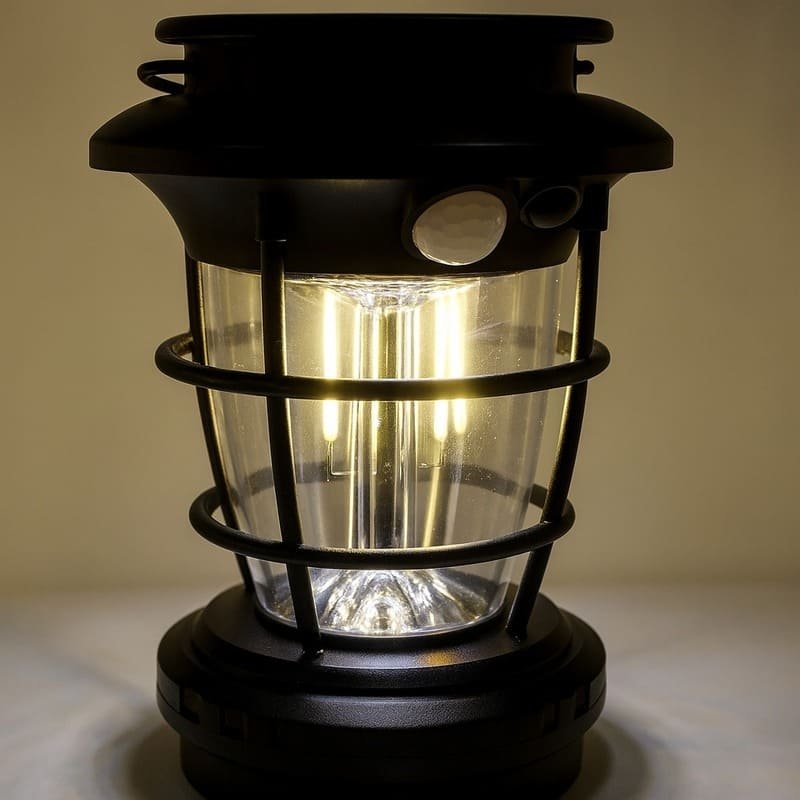 Lampe solaire détecteur de mouvement, lanterne LED extérieure diffusant une lumière blanc chaud,