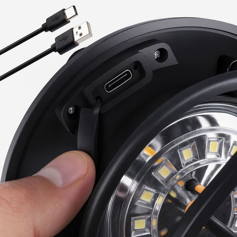 Lampe solaire détecteur de mouvement USB-C, gros plan sur le port de recharge et les LED intégrées pour un éclairage extérieur fiable