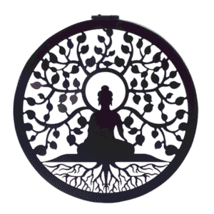 "Décoration murale circulaire en métal noir, silhouette de Bouddha méditant sous l’arbre de la Bodhi, style ajouré moderne."