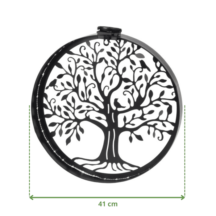 Applique murale solaire arbre de vie en métal noir, diamètre 41 cm, avec panneau solaire intégré.