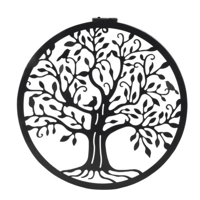 Décoration murale solaire en métal noir représentant l’arbre de vie, design ajouré circulaire.