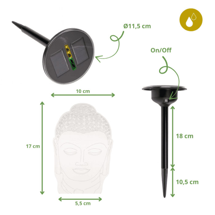 Dimensions du piquet solaire Bouddha 3D Mystic Buddha avec panneau solaire et interrupteur On/Off