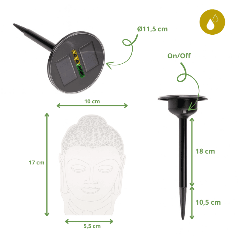 Dimensions du piquet solaire Bouddha 3D Mystic Buddha avec panneau solaire et interrupteur On/Off