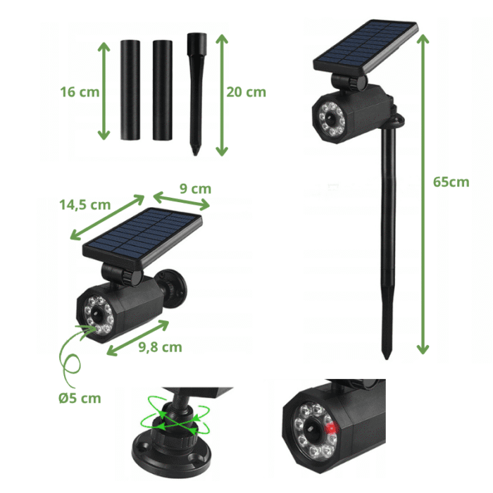 "Dimensions du projecteur solaire LED avec détecteur de mouvement – schéma explicatif et piquet de fixation"