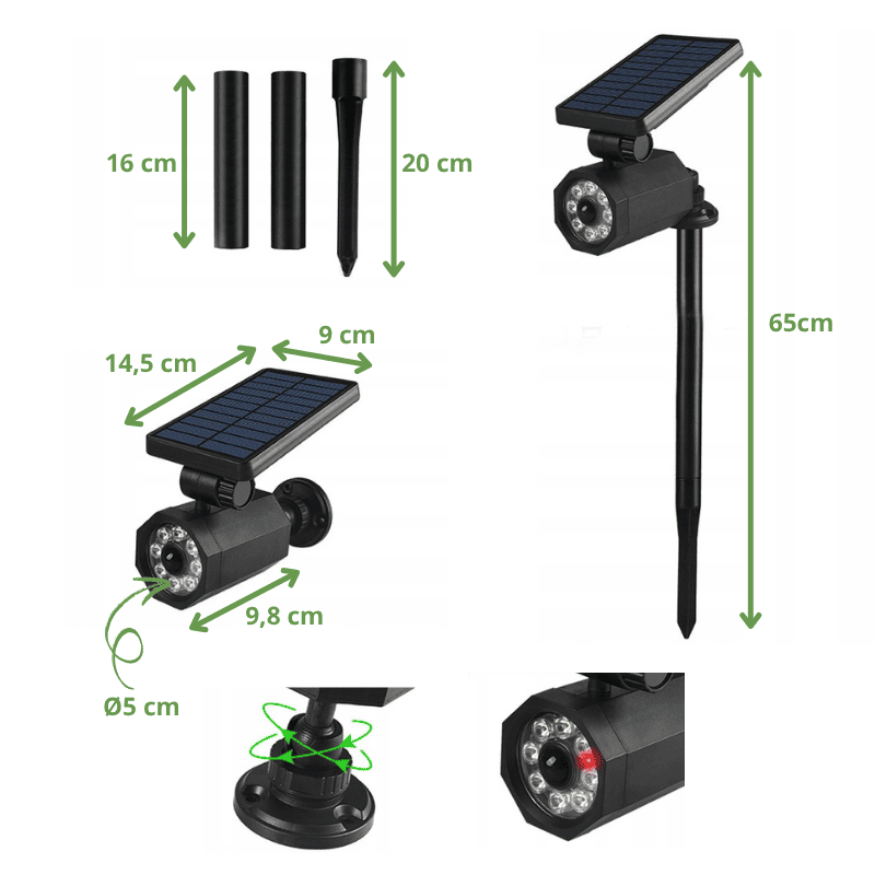 "Dimensions du projecteur solaire LED avec détecteur de mouvement – schéma explicatif et piquet de fixation"