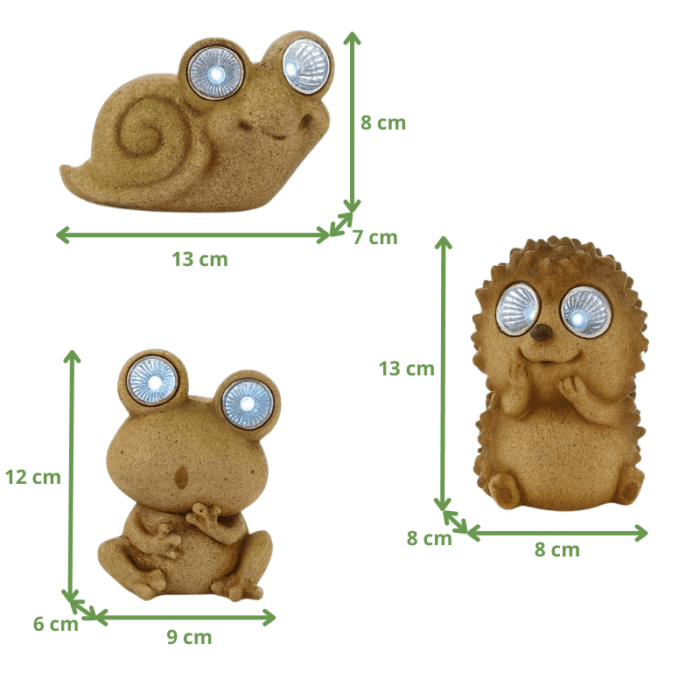 Trois figurines solaires (escargot, hérisson et grenouille) avec indication de leurs dimensions