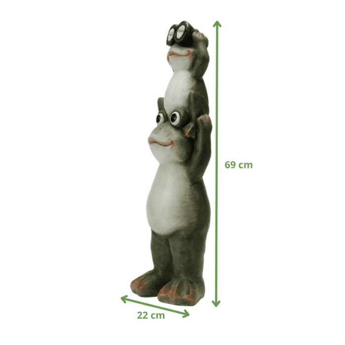 Statue grenouille solaire en résine – dimensions 69 cm de haut, 22 cm de large, 16 cm de profondeur – grenouilles tenant une autre avec jumelles lumineuses.