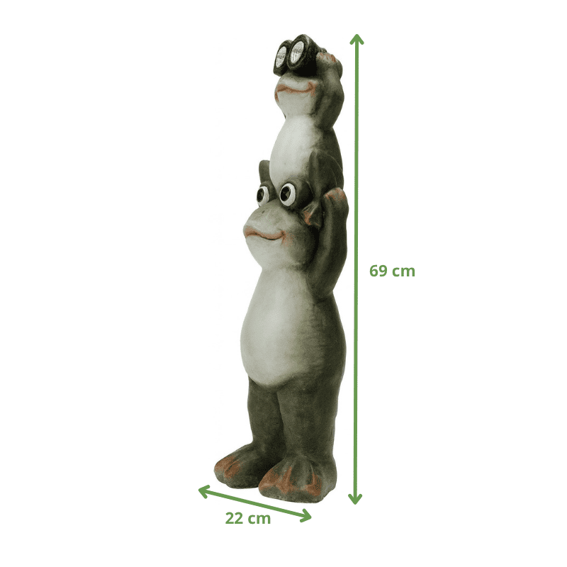 Statue grenouille solaire en résine – dimensions 69 cm de haut, 22 cm de large, 16 cm de profondeur – grenouilles tenant une autre avec jumelles lumineuses.