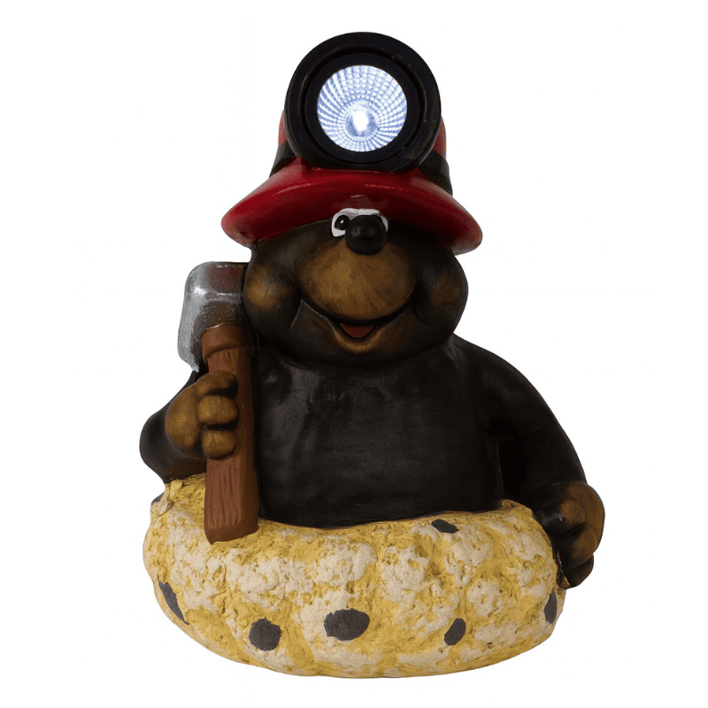 Figurine de taupe mineur décorative avec casque rouge et lampe frontale allumée