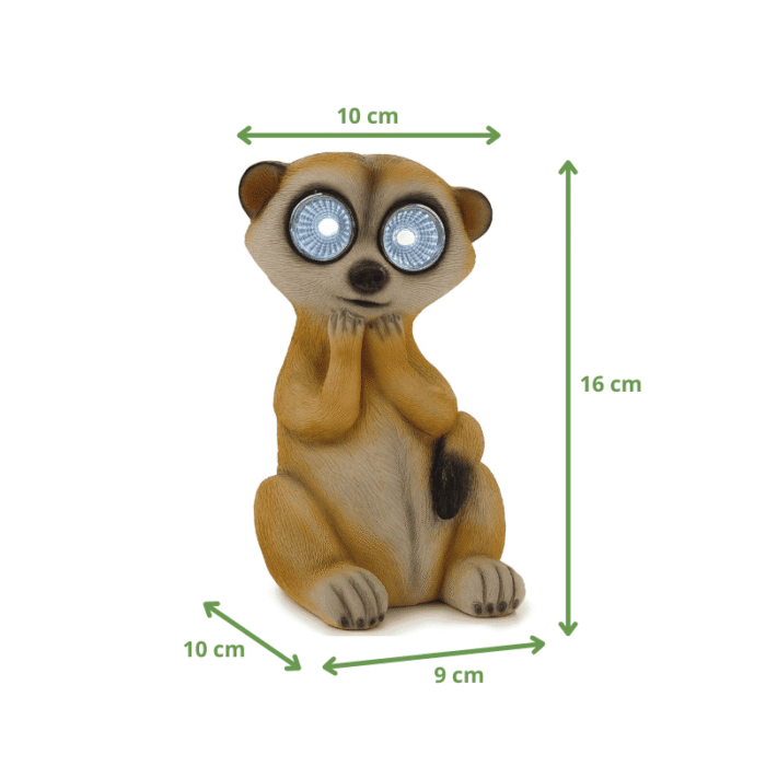 Dimensions de la figurine de suricate solaire avec grands yeux lumineux LED – 16 cm de haut, 10 cm de large