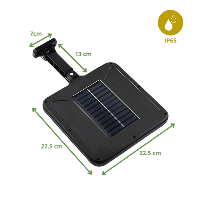 Panneau solaire LED IP65 avec support mural, dimensions 22,5 x 22,5 cm, autonomie solaire haute efficacité